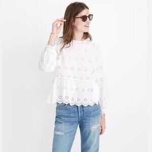 Madewell women small white eyelet long sleeve peplum blouse lightweight top boho